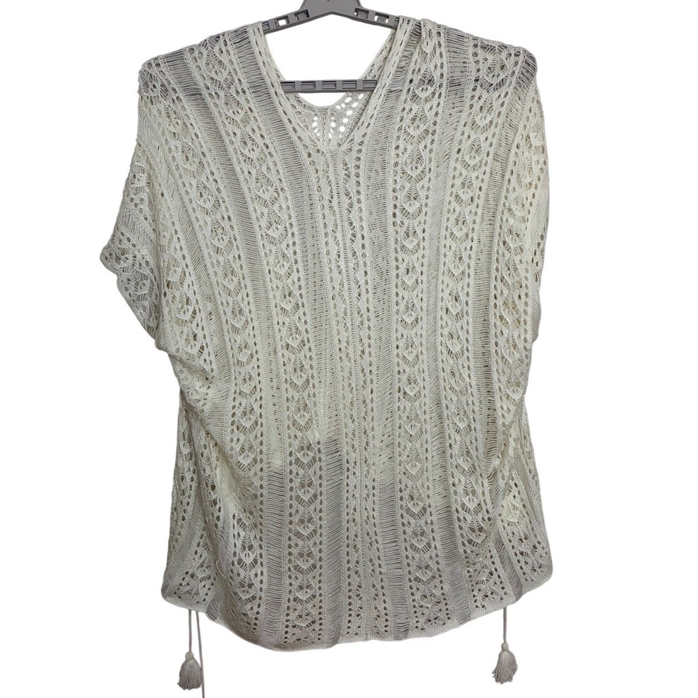 Crochet Knit Poncho Women OS Ivory Boho Tassel High-Low Sweater Open Festival